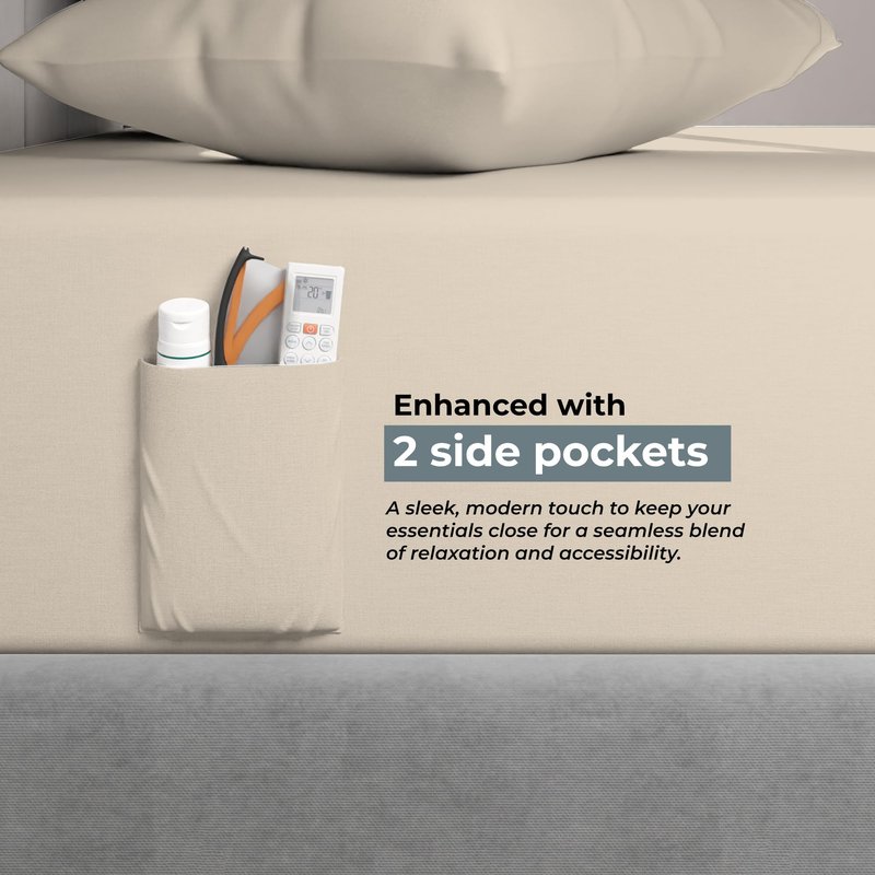 SleepRX 100% Cotton Sateen Sheets - 400 Thread Count, 4-Piece Queen Bed Sheet Set Sand | Super Soft, Cool Touch, Durable, Graphene-Infused Deep Pocket Sheets | Flat Sheet, Fitted Sheet & 2 Pillowcases