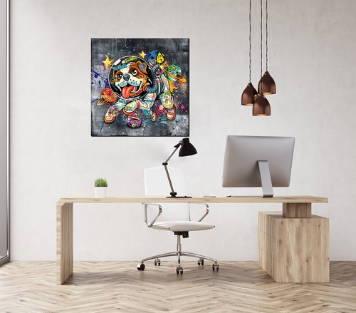 Kepgonegu Canvas Wall Art Funny Dog in Spacesuit Picture Banksy Graffiti Wall Art Ready to Hang Size 20”W x 20”H