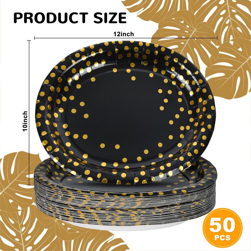 AimFun Black Gold Oval Paper Plates Golden Polka Dot Disposable Oval Party Platters 10" X 12" Large Decorative Serving Tray for Graduation Wedding Bridal Party Supplies (50, Black Gold)