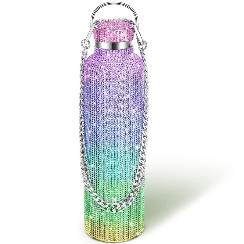 Geiserailie Diamond Water Bottle Bling Rhinestone Stainless Steel Thermal Bottle Refillable Insulated Glitter Water Jug with Chain for Women Girls Gifts(1000 ml,Rainbow)