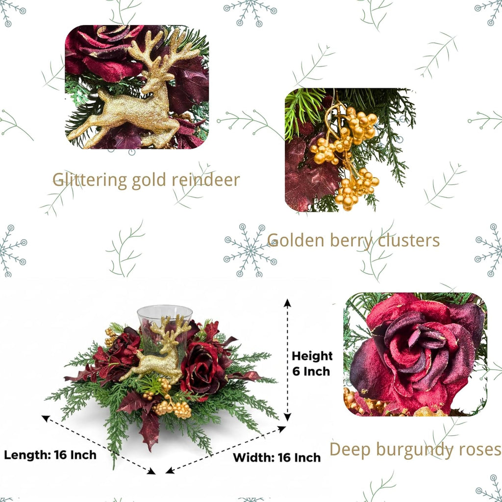 Svndlyn Christmas Glass Candle Holder - Glittery Rose & Reindeer Figurine Decor | Holiday Table Centerpiece