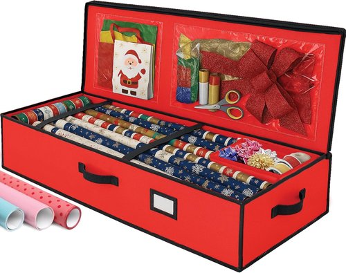 Gift Wrap Storage Organizer by Christmas Essentials - Heavy-Duty Box with Straps & Pockets | Holds Up to 24 Rolls, Red