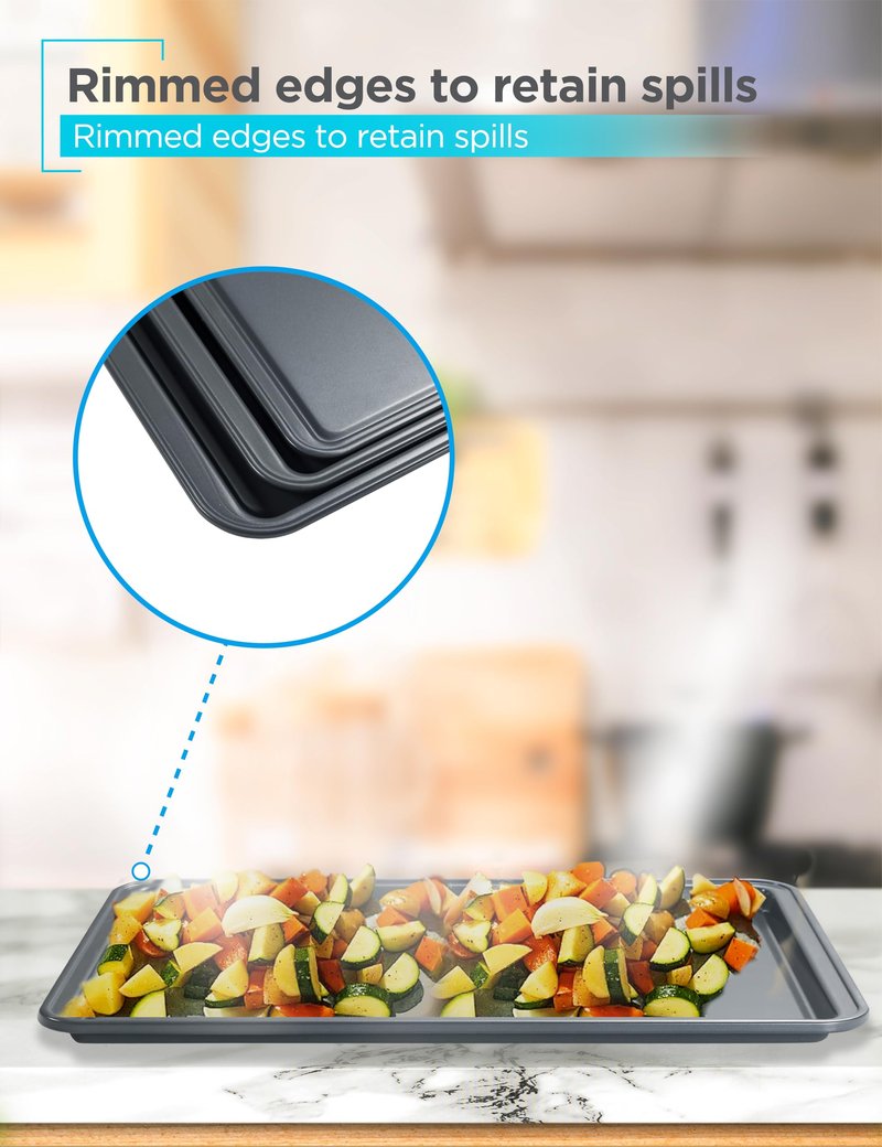 BLACK+DECKER 3-Piece Carbon Steel Baking Sheet Set, Includes 13”, 15”, 17” Cookie Sheets for Baking, 0.4mm Carbon Steel Baking Pans Set with Ceramic Non-Stick Coating, PFOA & PTFE Free, Black Finish