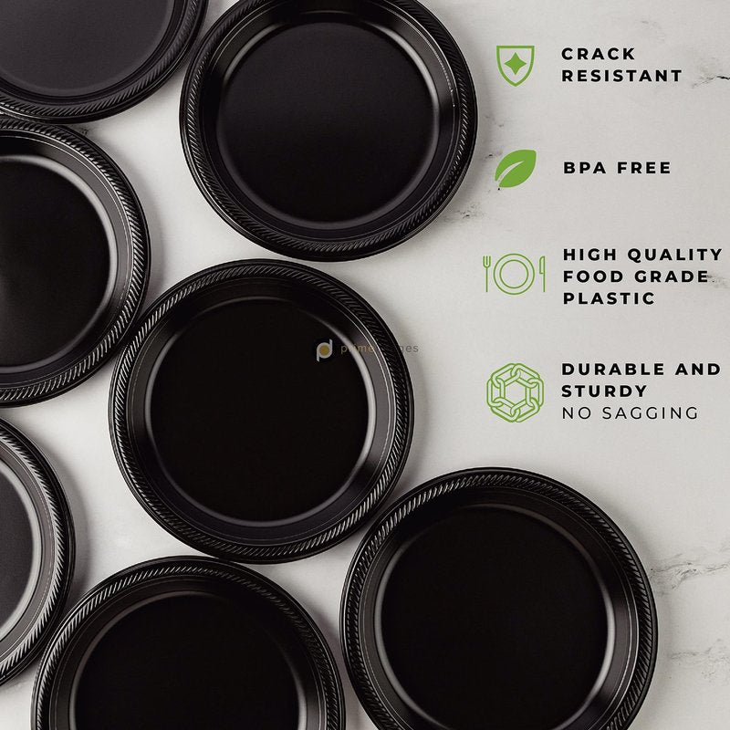Framo Disposable Black Plastic Plates, Pack of 120-9-Inch Round Plastic Plates Special Events, Party, Dinner, Picnic, or Travel - Bulk Pack Party Supplies