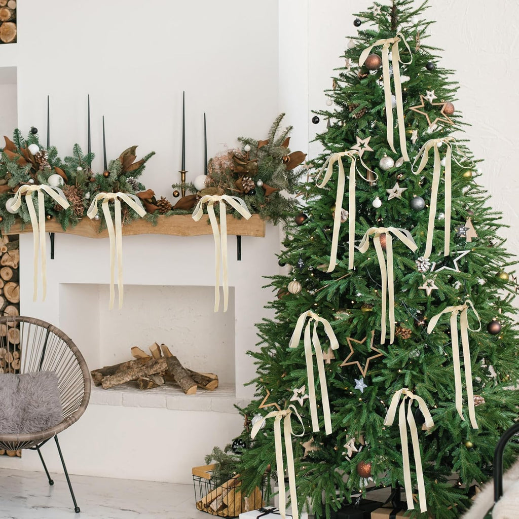 Velvet Bows | 24 Pcs Beige Christmas Tree Ornaments - Perfect for Garland & Wedding Decor (9 x 13 Inch)
