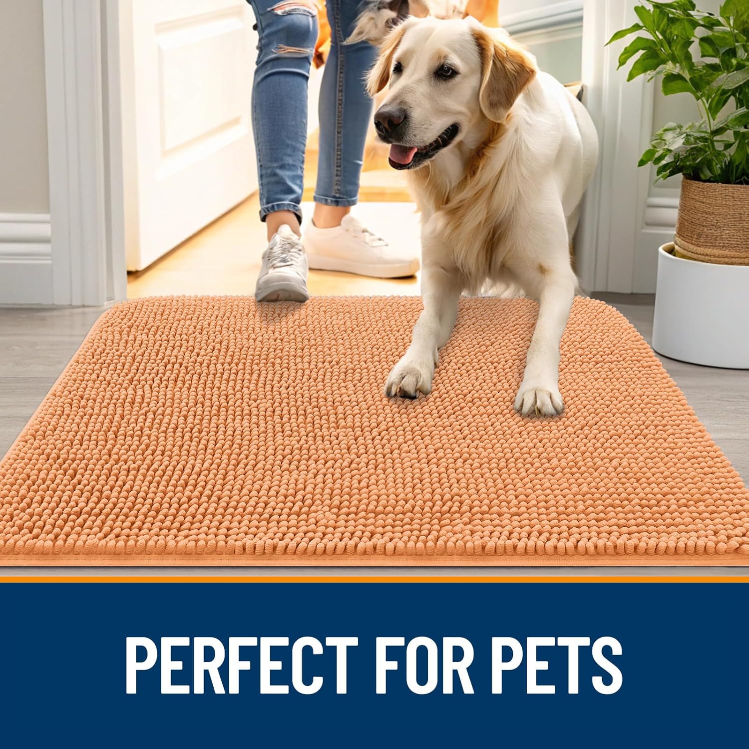 OLANLY Dog Door Mat - Absorbent Non-Slip Washable Chenille Mat for Muddy Paws | 59x24, Orange