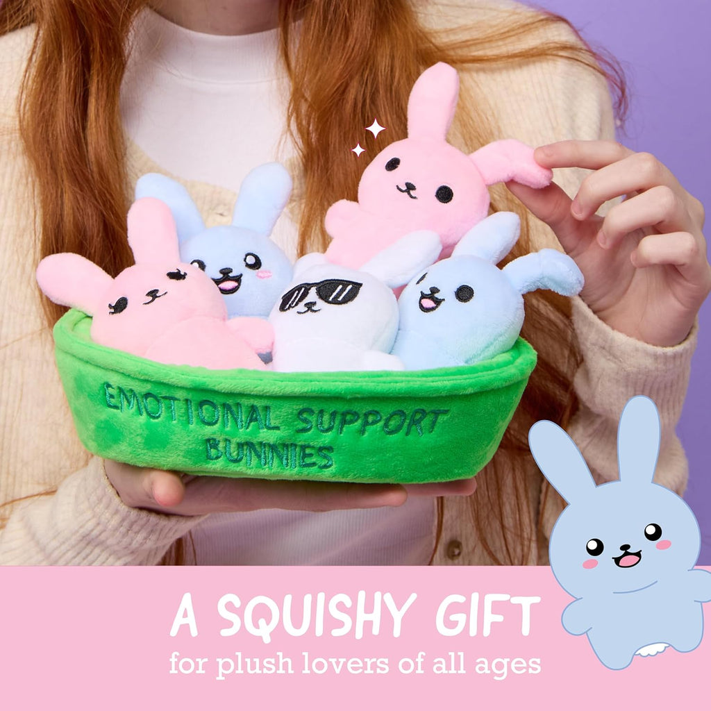 WHAT DO YOU MEME? Emotional Support Bunnies - Cuddly Plush Stuffed Animals | Set of 5 with Basket