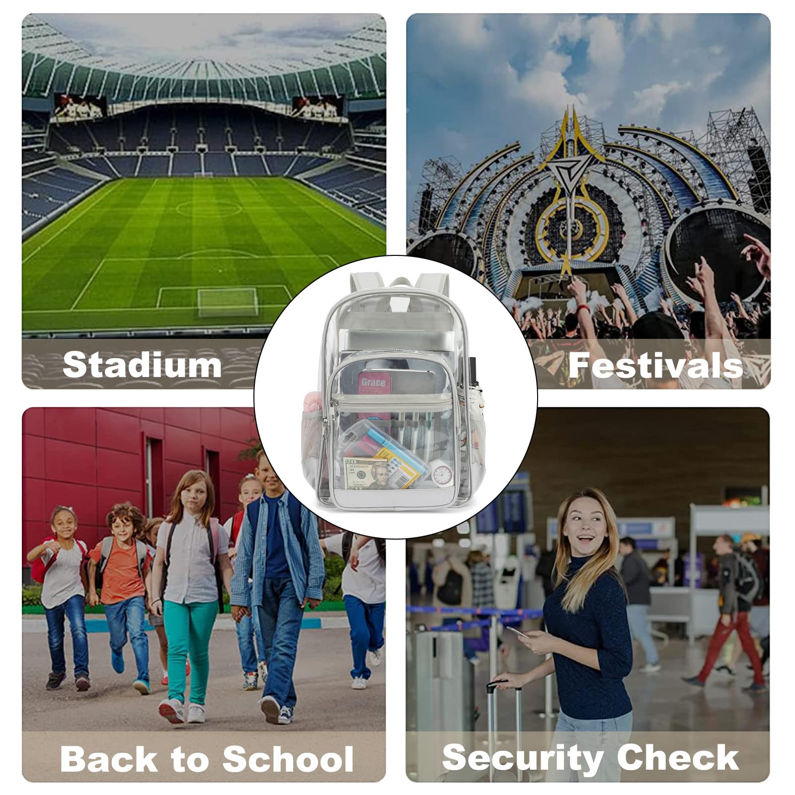 Esfoxes Heavy Duty Clear Backpack, School Backpack College Bookbag PVC See Through Transparent Backpacks (Light Gray)