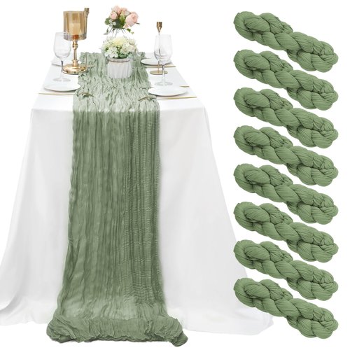8 Pack Sage Green Cheesecloth Table Runner 10Ft Gauze Cheese Cloth Table Runner 35x120 Inch Boho Table Runners for Wedding Banquet Birthday Party Baby Bridal Shower Engagement Picnic Home Table Decor