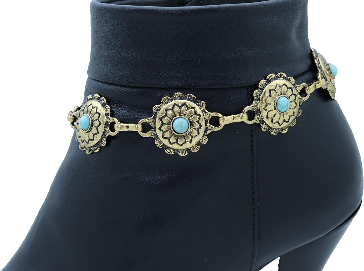TrendyFashionJewelry Boot Chain Bracelet | Western Bohemian Anklet with Blue Flower Charm in Antique Gold