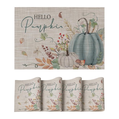 Artoid Mode Blue Hello Pumpkin Leaves Fall Vinyl Placemats Set of 4, Washable Woven Non-Slip Plastic Table Mats for Thanksgiving Holiday Party Kitchen Dining Decor