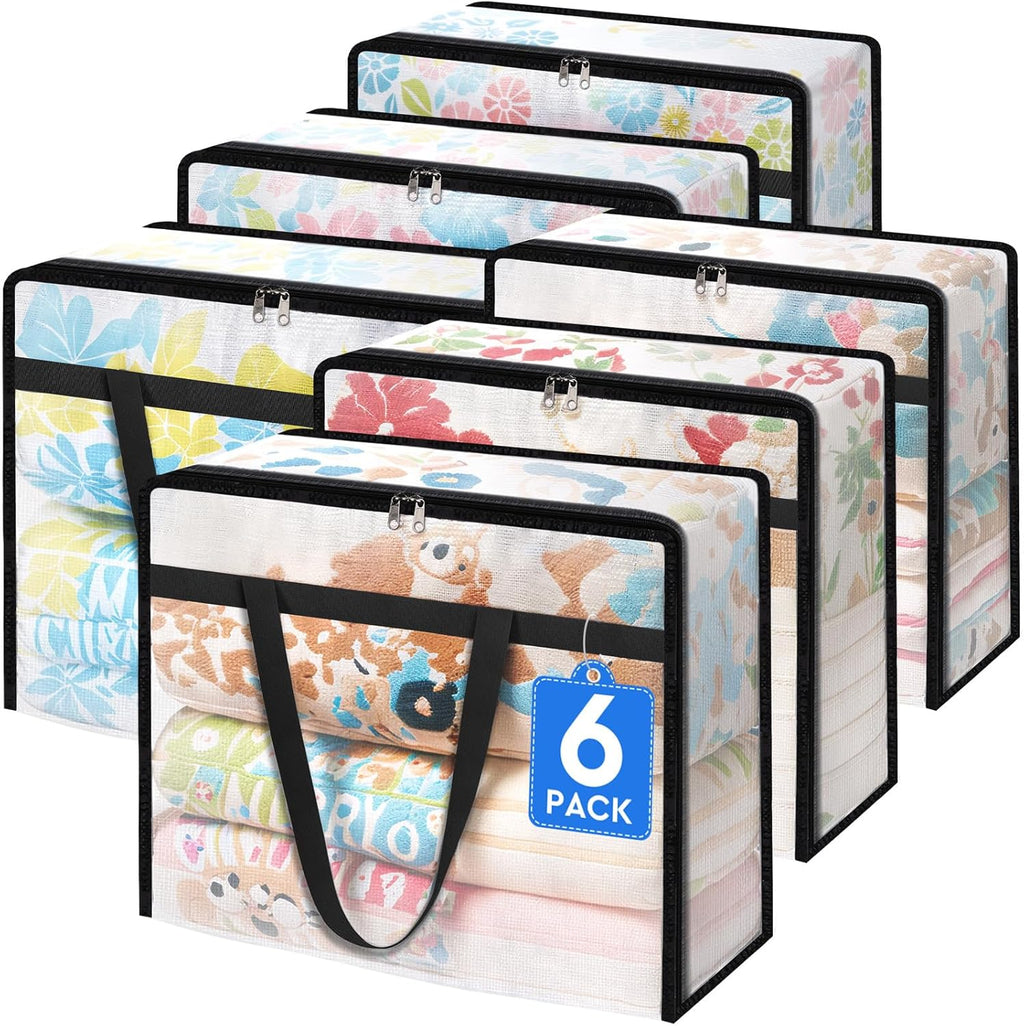 TasticTotes Clear Storage Bags - 6 Pack for Comforters, Clothes & Bedding | Zippered Under-Bed Organizer (40L)