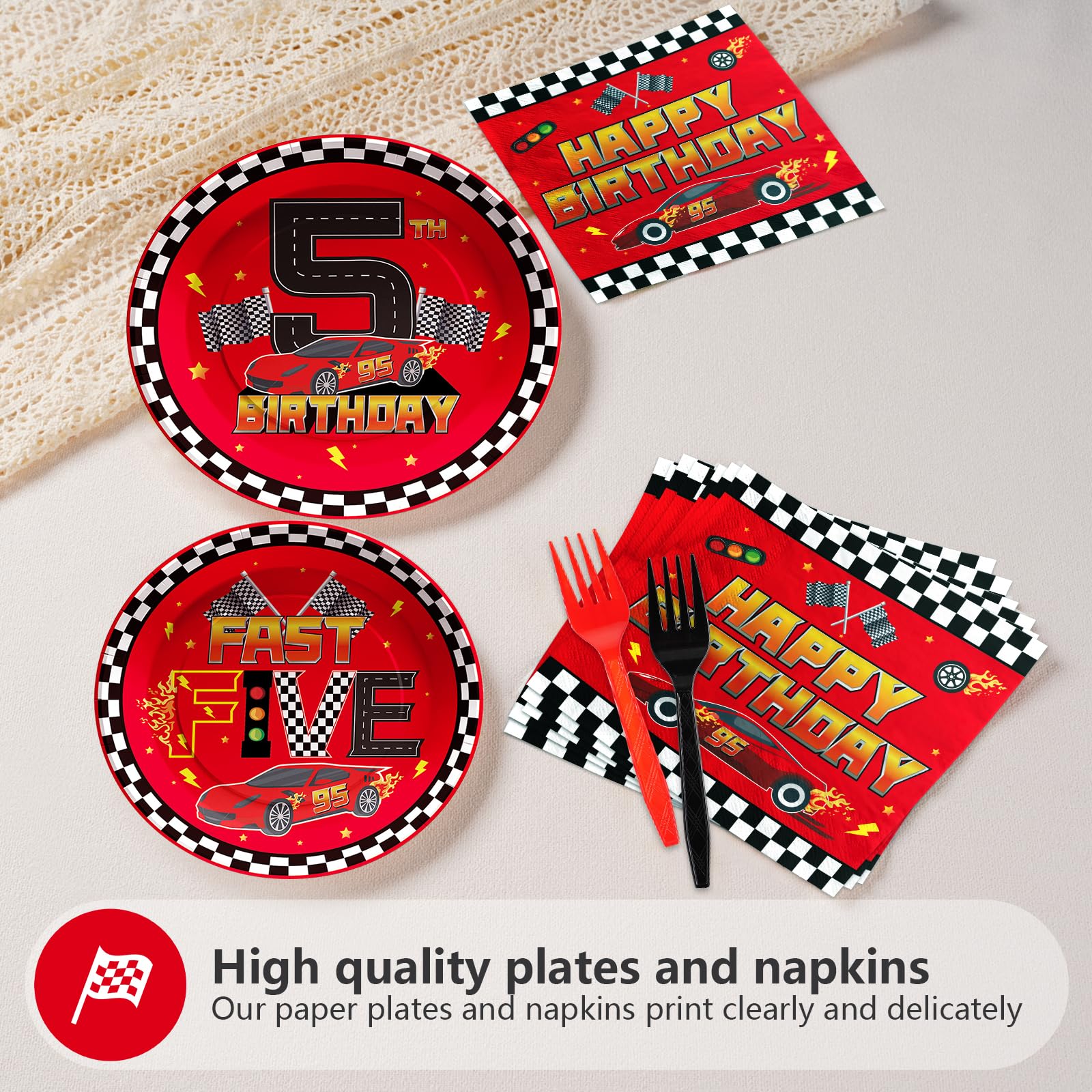 Grencian 96Pcs Red Race Car 5th Birthday Party Decorations Supplies Hot Car Plates and Napkins Racing Themed Disposable Tableware Set for 5 years old Boys Transportation Birthday Party Serve 24