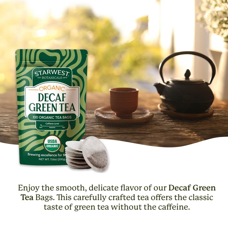 Starwest Botanicals Organic Decaf Green Tea - Decaffeinated Herbal Tea, Caffeine Free, USDA Organic Green Tea Leaf, Non GMO - Bulk Pack, 100 Bags