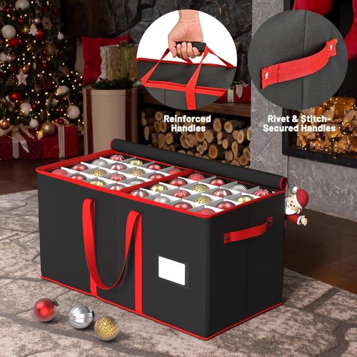 Kesfitt Christmas Ornament Storage Box - Large Organizer for 128 Ornaments with Dividers & Pockets (Black)