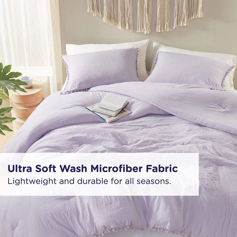 Codi Lavender Purple Boho Twin Comforter Set for Girls, Aesthetic Pom Fringe Design Cute Bedding, Soft Washed Microfiber Bed Sets, Lightweight Chic,1 Comforter & 1 Pillowcase