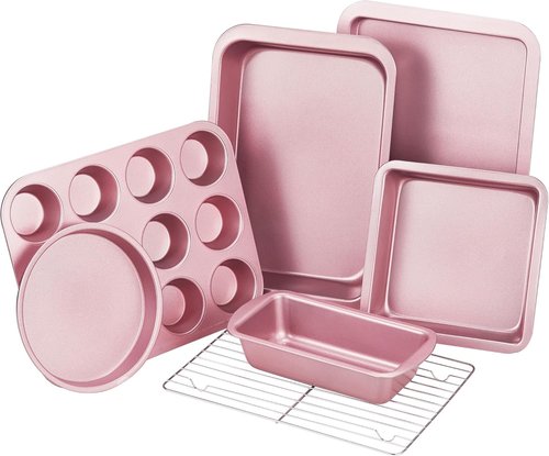 KITESSENSU Nonstick Baking Pans Set - 7-Piece Bakeware with Round, Square, Loaf, Muffin, Cookie, and Roast Pans | Pink