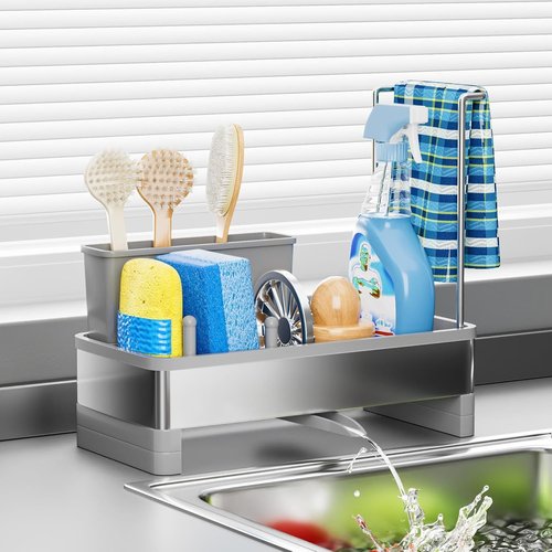 Ewaiira Stainless Steel Sink Caddy - Rustproof Kitchen Organizer with Sponge Holder & Brush Rack | Gray 9.8”