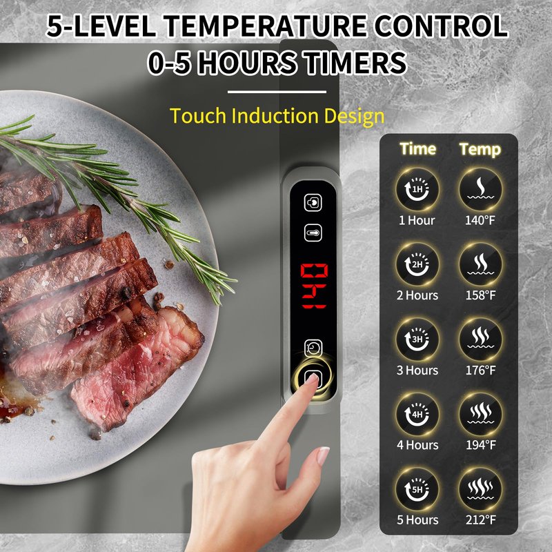AIBOKEE Food Warming Mat, Silicone Electric Warming Tray, 5 Temperature Levels, 4 Hour Timer, Child Safety Lock, Gray