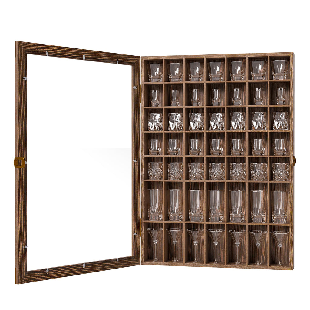 Suuiwau 1 Pcs Shot Glass Display Case, 49 Slots Shot Glass Display Cabinet Holder, Wall Mounted Glasses Collection Shelf Lockable with Acrylic Door for Home Bar Decor