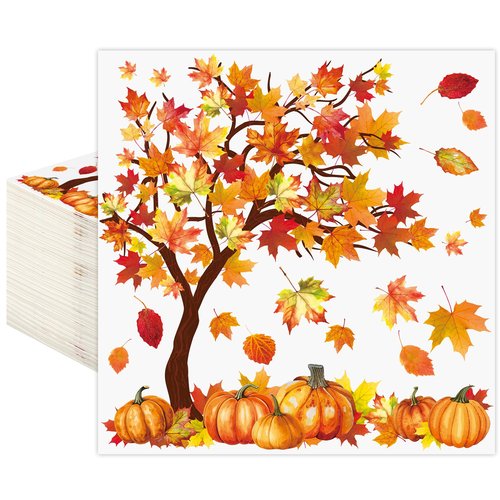 100 Pcs Fall Cocktail Napkins Fall Tree Paper Napkin 3 Ply Pumpkin Maple Leaves Party Dinner Napkins Disposable Autumn Beverage Napkin for Thanksgiving Autumn Harvest Party Supplies Table Decor