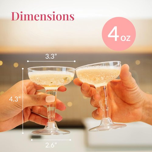 Prestee 24 Clear Plastic Coupe Glasses 4oz - Disposable Plastic Cocktail Cups, Martini Glasses, Margarita Glass, Champagne Glass for Parties, Cinco de Mayo, Taco Party, Weddings Decorations