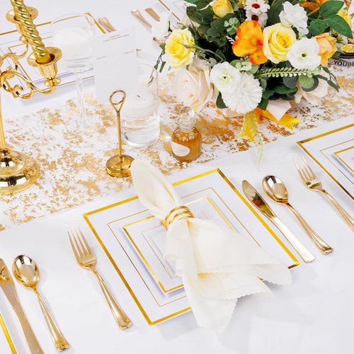 Liacere 100PCS White and Gold Square Plastic Plates-50PCS Heavy Duty 9.5inch White Dinner Plates and 50PCS 6inch White Dessert Plates - Gold Plastic Plates for Party & Christmas & New Year