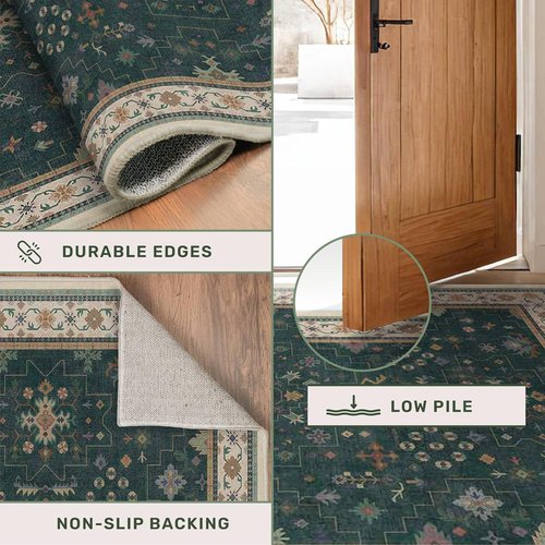 Hazo Haus Dark Green Kitchen Rug - Modern Vintage Boho Floral Design, 10 ft Long, Washable Non-Slip Runner