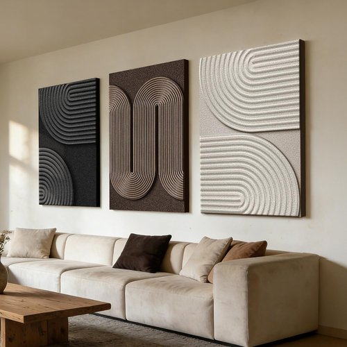 Azartslr 3D Abstract Textured Wall Art - Modern Black & Beige Sandstone Decor for Living Room | 3-Piece Minimalist Artwork Set