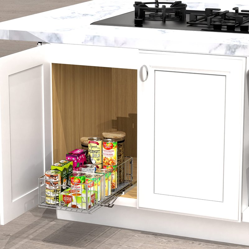 Simple Houseware Pull-Out Cabinet Sliding Basket Organizer, 17.2" D x 9.7" W x 5" H – Chrome Finished, Ideal for Kitchen and Bathroom Cabinet Storage, Under Sink or Pantry Organization
