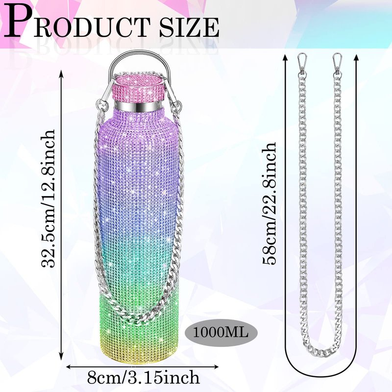 Geiserailie Diamond Water Bottle Bling Rhinestone Stainless Steel Thermal Bottle Refillable Insulated Glitter Water Jug with Chain for Women Girls Gifts(1000 ml,Rainbow)