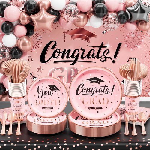 Ecomore Graduation Decoration Class of 2025, 245PCS Grad Party Decor Supplies & Disposable Dinnerware(Serve 25) Paper Plate Cup Napkin Cutlery Tablecloth Backdrop Balloon Garland Kit(Pink & Rose Gold)