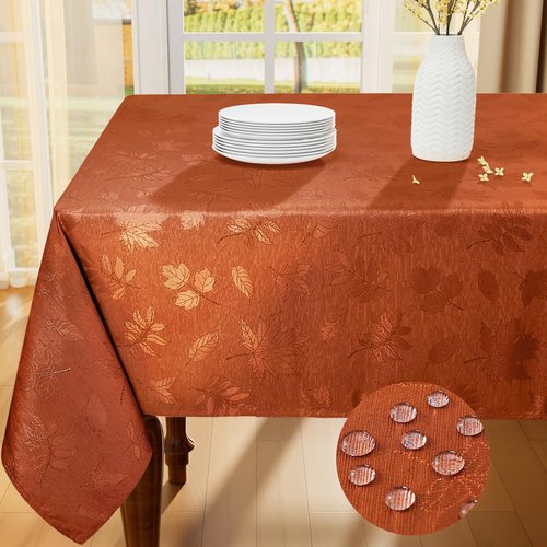 Smiry Rectangle Tablecloth, 60x102 Inch Waterproof Damask Table Cloth, Leaves Patterns Fabric Jacquard Table Covers for Parties, and Holiday Dinner, Rust