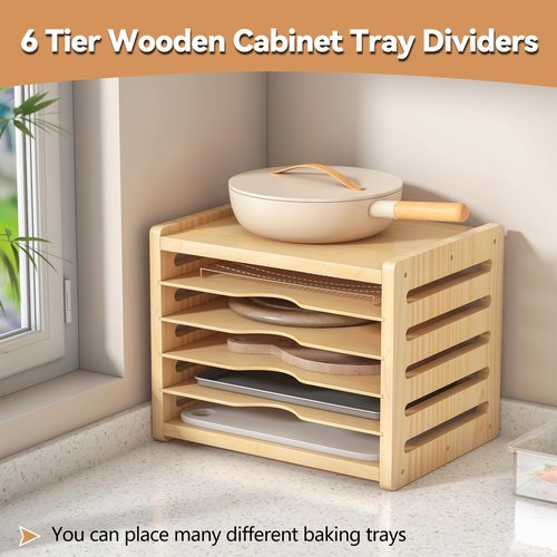 tonchean Wooden Cabinet Tray Dividers 6 Tier Baking Cookie Sheet Organizer Kitchen Vertical Tray Divider Organizer for Pots, Cutting Board, Pans, Kitchen Organizers and Storage