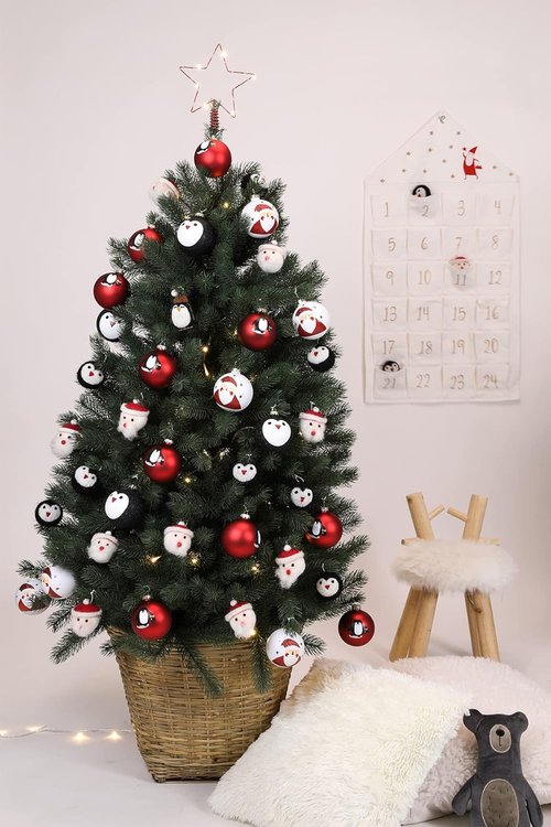 DN DECONATION Black and White Christmas Ornament - Cute Hand-Painted Santa Ball for Tree | Red Glass Xmas Decor
