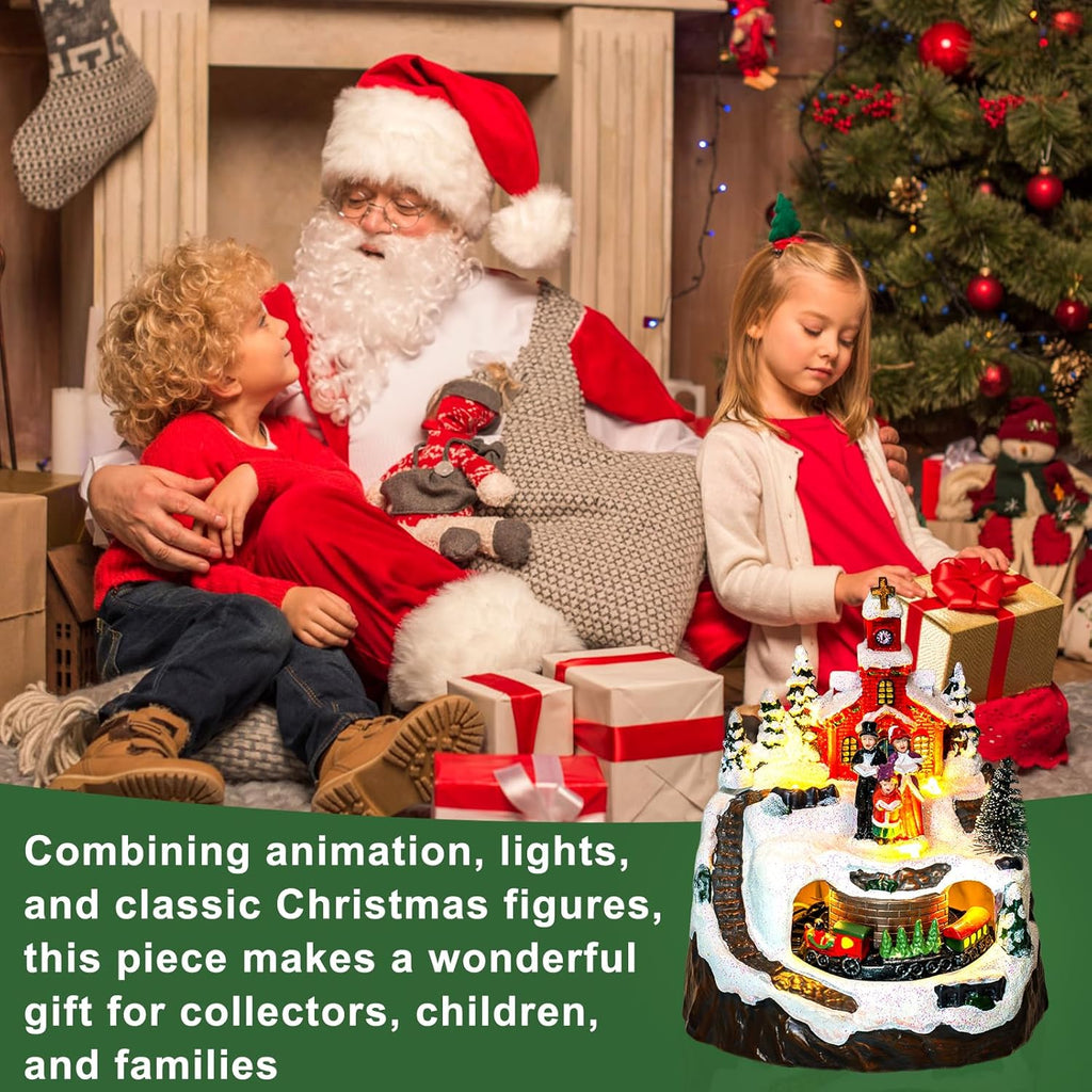 MXwcy Animated Christmas Village Decoration - Lighted Church Choir & Moving Train on Snowy Mountain