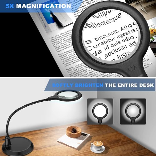 Magnifying Glass with Light - 5X Dimmable Hands-Free Magnifier for Reading & Crafts