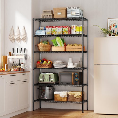 BestOffice 6-Tier Wire Storage Shelves - Heavy-Duty Metal with Wheels | Adjustable, No-Tool Assembly | 18x45x82 | Black, Holds Up to 2100 lbs