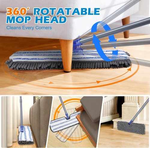 Masthome Flat Dust Mop | 2-Sided Microfiber Mop with 4 Reusable Pads for Wet & Dry Cleaning - Ideal for Hardwood, Tile, Vinyl