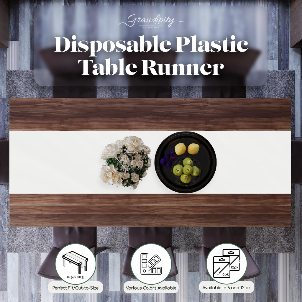 White 12 Pack Premium Disposable Plastic Table Runner 14 x 108 Inch. Table Runner for Dinner Parties & Events by Grandipity