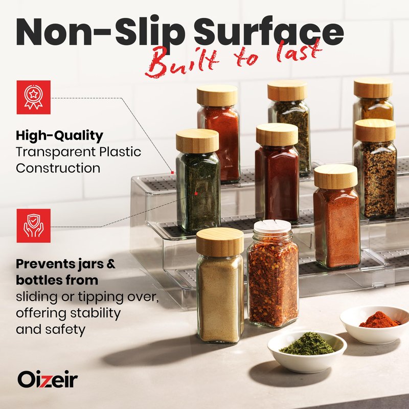 Oizeir Expandable Spice Organizer Rack - 3-Tier - Clear Adjustable Tiered Shelf Spices Organization for Kitchen Cabinet and Pantry Storage