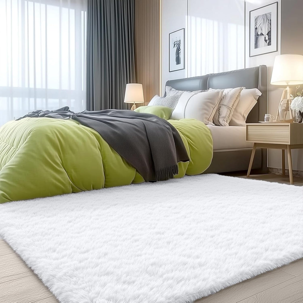 OLANLY Soft Fluffy Shaggy Bedside Rug - 3x5 Machine Washable Indoor Carpet for Kids & Nursery | White