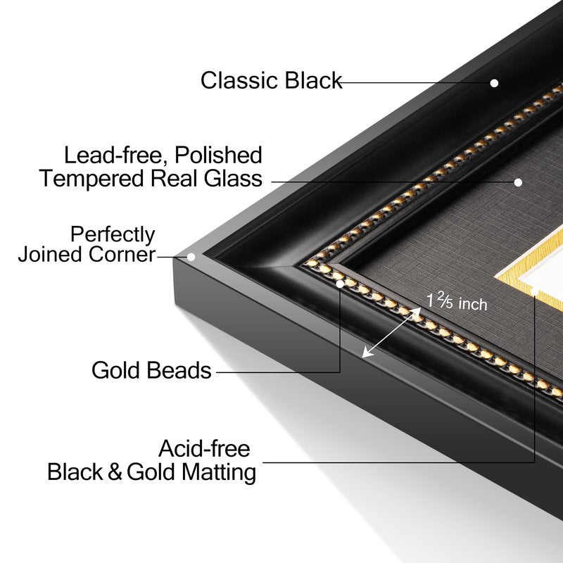 Yaetm 11x14 Diploma Frame, Certificate Frame with Tempered Glass, Display 8.5x11 Document with Black Over Gold Acid-free Mat, Degree Frames for Wall and Tabletop, Black with Gold Beads, 2 Pack