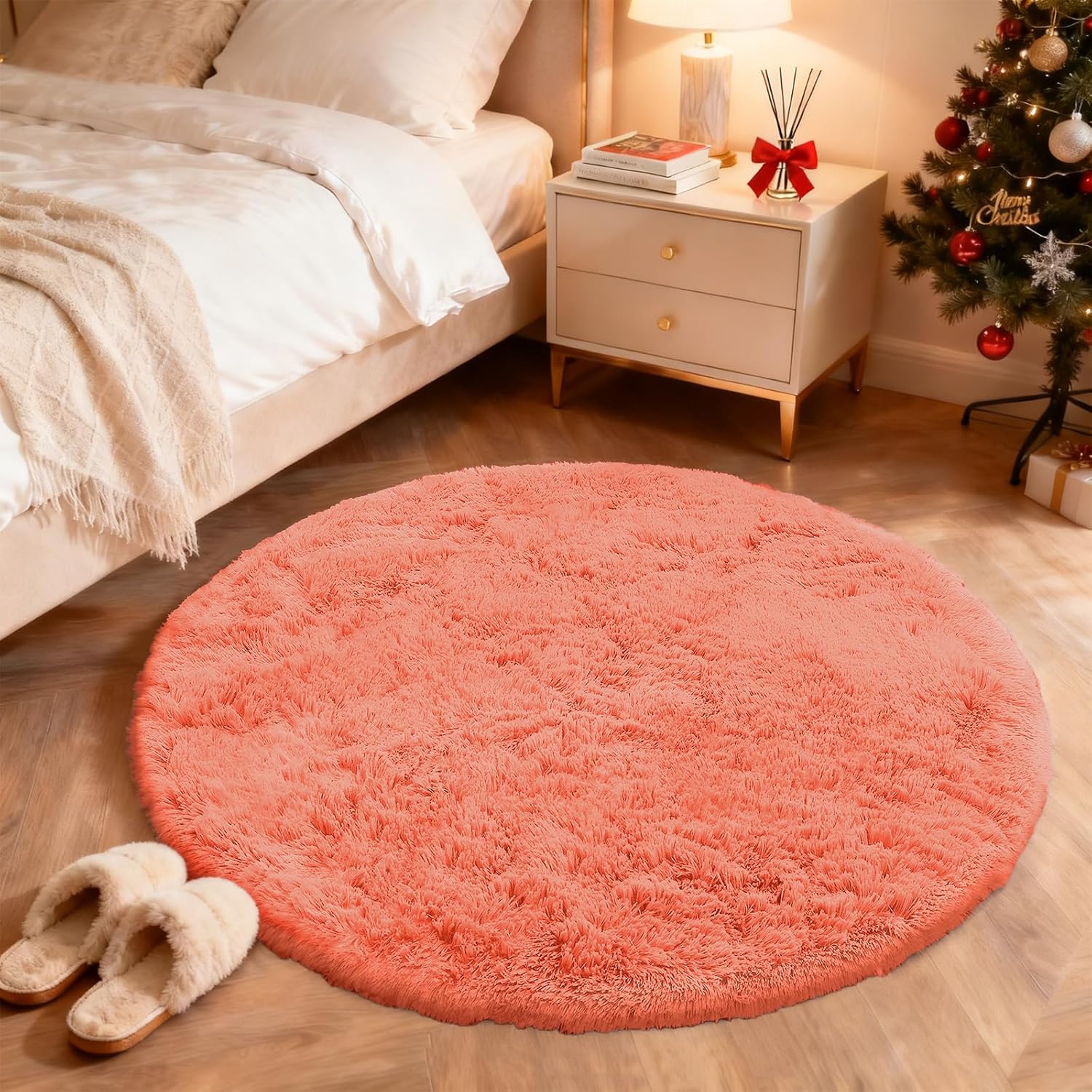 OLANLY Round Coral Red Rug - Soft, Fluffy Machine Washable 4 ft Circle Area Rug for Bedroom & Living Room Decor