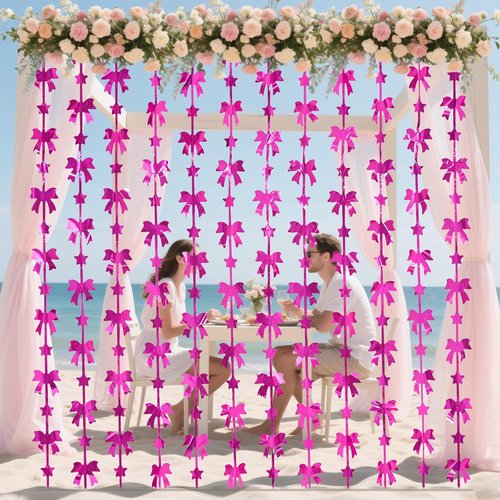 Menstarsi Bow Party Decorations - Hot Pink Foil Fringe Curtains | 3.3 X 6.6 Ft Birthday Backdrop