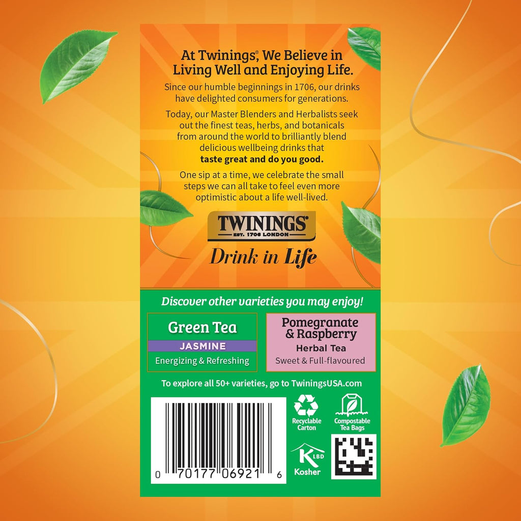 Twinings Green Tea - Pomegranate, Raspberry & Strawberry Flavor - 20 Individually Wrapped Teabags