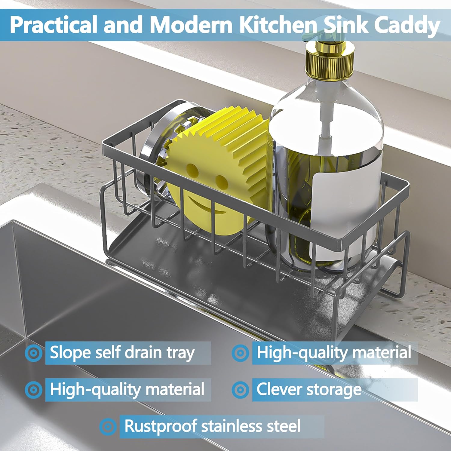 Skiennix Kitchen Sink Sponge Holder - Rustproof Stainless Steel Caddy Organizer | Self-Draining Design, Grey