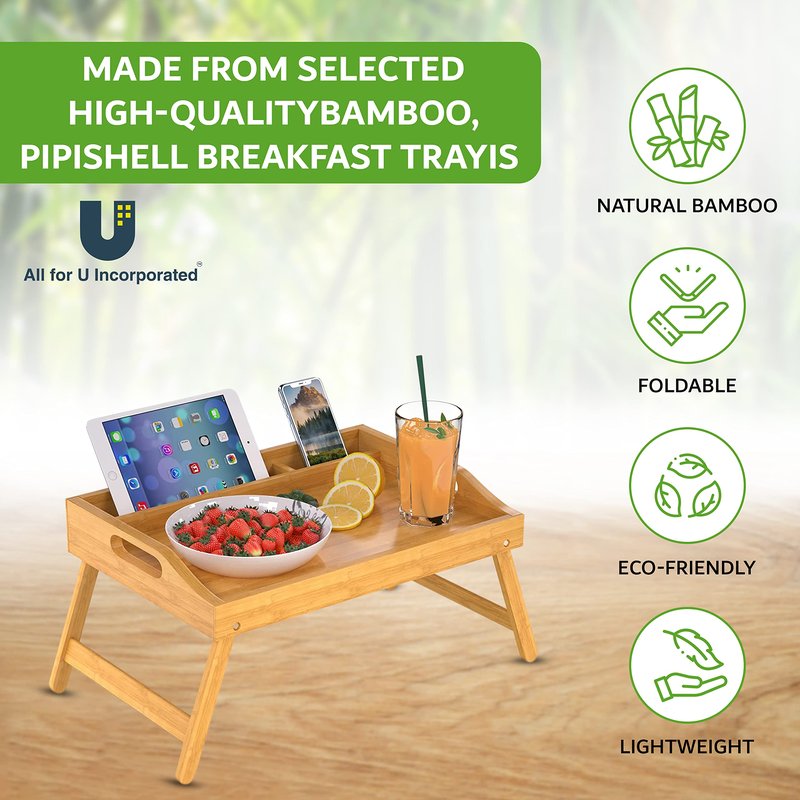 Bamboo Bed Tray with Folding Legs, Portable Serving Tray for Breakfast in Bed, Reading, Working or Picnics (Large)