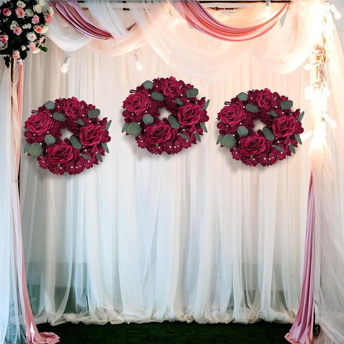 Artificial Flower Candle Rings - 6-Inch Burgundy Rose Floral Wreaths with Butterflies for Weddings & Events