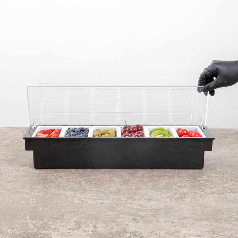 Restaurantware Bar Lux 19.6 x 6.3 x 3.7 Inch Condiment Caddy 1 Durable Bar Caddy - 6 Removable Compartments Built-In Lid Black Plastic Condiment Holder For Restaurant Store Cocktail Garnish